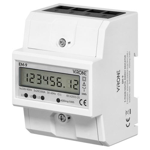 3-fazowy cyfrowy wskaźnik zużycia energii elektrycznej, 100A, 4 moduły, DIN TH-35mm EM-9 Virone