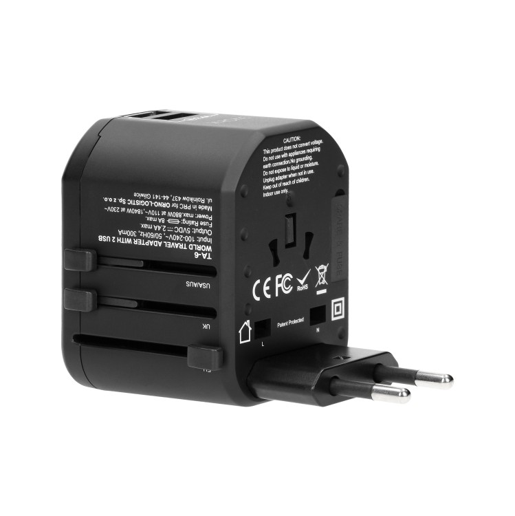 GOworld USB uniwersalny adapter podróżny do ponad 200 krajów świata, 100-240V, 8A, 2 x USB, 5VDC/2,4A inteligentna identyfikacja TA-6 Virone