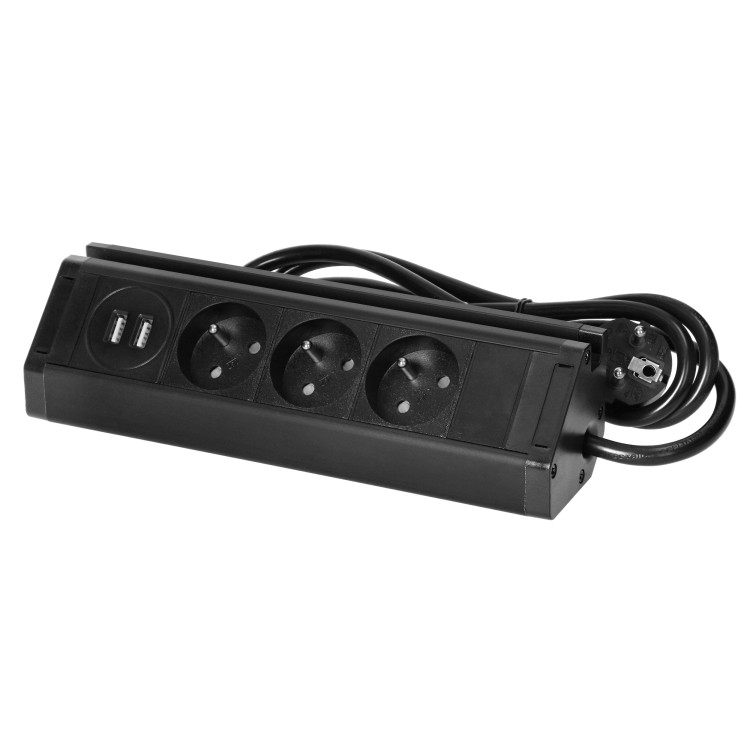 Gniazdo meblowe z uchwytem na telefon, ładowarką USB i przewodem 1,5m, 3x2P+Z, 2xUSB (typ A, 2,4A), czarne FS-15/B Virone