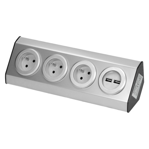 Gniazdo meblowe, kuchenne montowane na rzepy, z ładowarką USB - 3x2P+Z, 2xUSB, INOX. FS-3 Virone