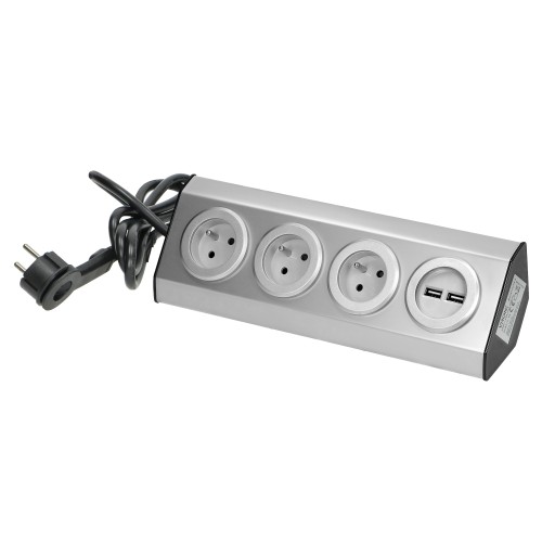 Gniazdo meblowe, kuchenne z ładowarką USB, montowane na rzepy z przewodem 1,5m - 3x2P+Z, 2xUSB, INOX z przewodem 1,5m. FS-4 Virone