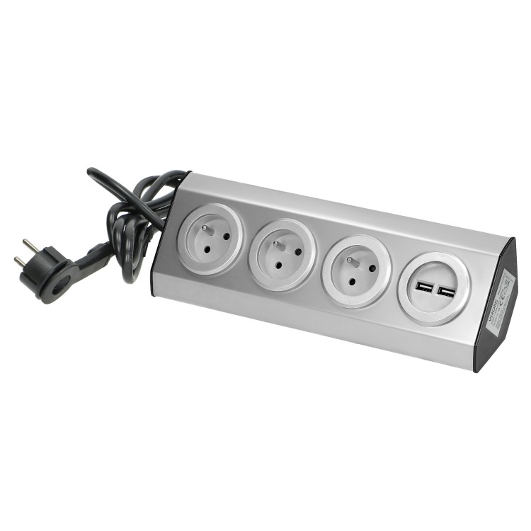 Gniazdo meblowe, kuchenne z ładowarką USB, montowane na rzepy z przewodem 1,5m - 3x2P+Z, 2xUSB, INOX z przewodem 1,5m. FS-4 Virone