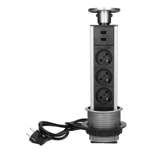 Gniazdo meblowe Ø8cm wysuwane z blatu z ładowarką USB i przewodem 1,8m, 3x2P+Z, 2xUSB FS-17 Virone