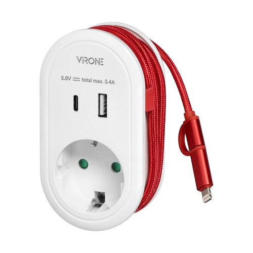 Adapter 1x 2P+Z z ładowarką USB (Typ A+C), 5V DC/ 3,4A, z dodatkowym kablem ładującym (typ C + Lightning), Schuko CS-2(GS) Virone