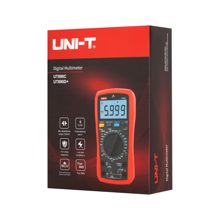 Miernik multimetr UT890D+ UT-890D+ UNI-T uniwersalny cyfrowy 6000 TrueRMS LIVE NCV prąd 20A hFe Klips z dużym wyświetlaczem LCD Profesjonalny