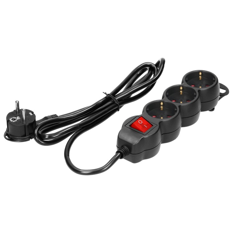 Przedłużacz 3-krotny 2P+Z (Schuko) , z wyłącznikiem, 3m H05VV-F 3x1,5mm2, Imax=16A, płaska wtyczka, czarny ES-5(GS)/B/3 Virone