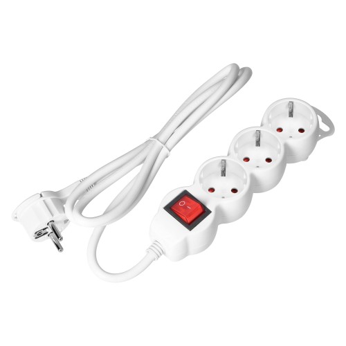 Przedłużacz 3-krotny 2P+Z (Schuko), z wyłącznikiem, 5m H05VV-F 3x1,5mm2, Imax=16A, płaska wtyczka, biały ES-5(GS)/W/5 Virone