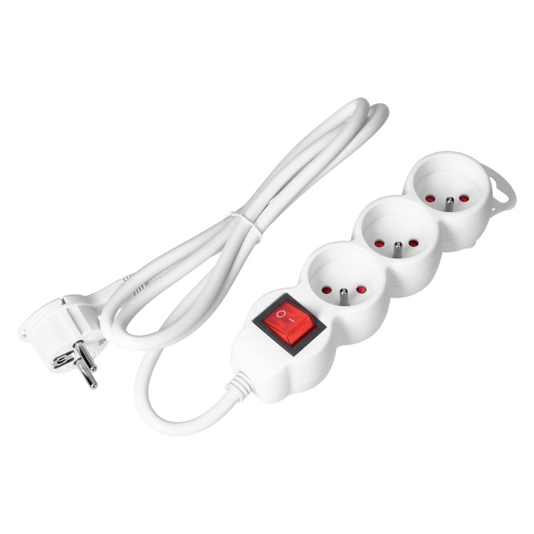 Przedłużacz 3-krotny 2P+Z z wyłącznikiem, 1,5m H05VV-F 3x1,5mm2, Imax=16A, płaska wtyczka, biały ES-5/W/1,5 Virone