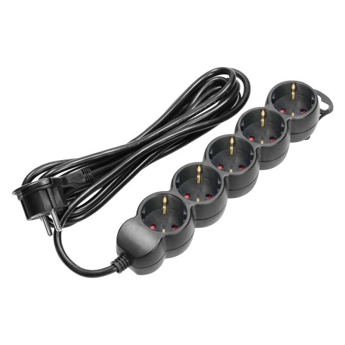 Przedłużacz 5-krotny 2P+Z (Schuko), 5m H05VV-F 3x1,5mm2, Imax=16A, płaska wtyczka, czarny ES-6(GS)/B/5 Virone