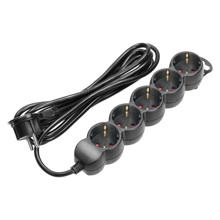 Przedłużacz 5-krotny 2P+Z (Schuko), 5m H05VV-F 3x1,5mm2, Imax=16A, płaska wtyczka, czarny ES-6(GS)/B/5 Virone