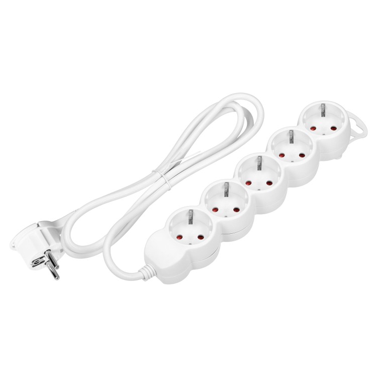 Przedłużacz 5-krotny 2P+Z (Schuko), 5m H05VV-F 3x1,5mm2, Imax=16A, płaska wtyczka, biały ES-6(GS)/W/5 Virone