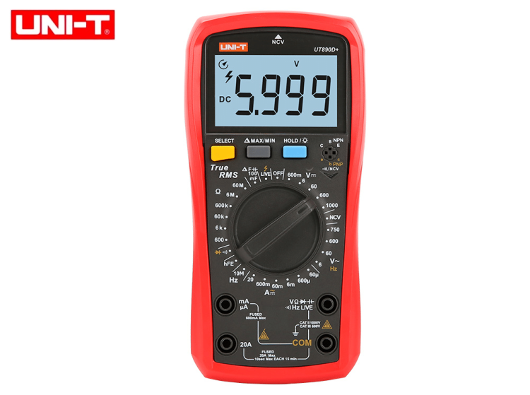 Miernik multimetr UT890D+ UT-890D+ UNI-T uniwersalny cyfrowy 6000 TrueRMS LIVE NCV prąd 20A hFe Klips z dużym wyświetlaczem LCD Profesjonalny
