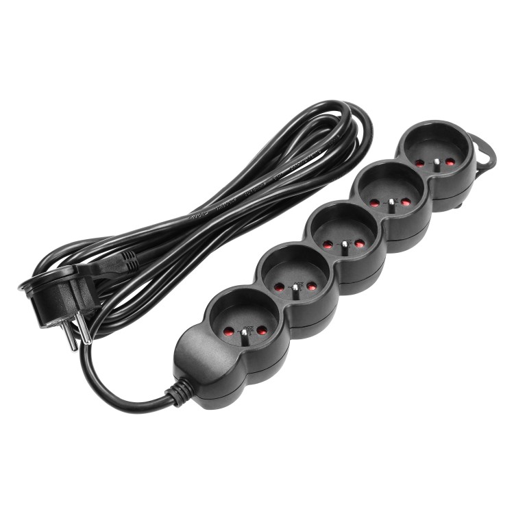 Przedłużacz 5-krotny 2P+Z, 1,5m H05VV-F 3x1,5mm2 , Imax=16A, płaska wtyczka, czarny ES-6/B/1,5 Virone