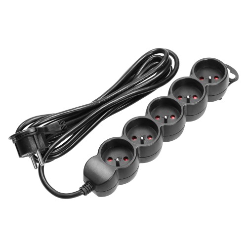 Przedłużacz 5-krotny 2P+Z, 3m H05VV-F 3x1,5mm2, Imax=16A, płaska wtyczka, czarny ES-6/B/3 Virone