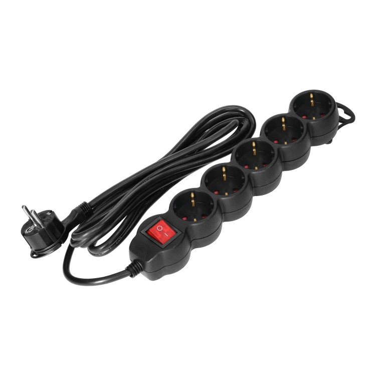 Przedłużacz 5-krotny 2P+Z (Schuko) z wyłącznikiem, 1,5m H05VV-F 3x1,5mm2, Imax=16A, płaska wtyczka, czarny ES-7(GS)/B/1,5 Virone