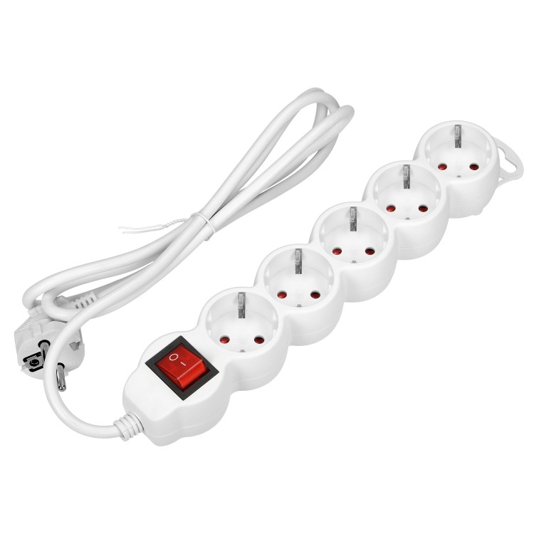 Przedłużacz 5-krotny 2P+Z (Schuko) z wyłącznikiem, 1,5m H05VV-F 3x1,5mm2, Imax=16A, płaska wtyczka, biały ES-7(GS)/W/1,5 Virone