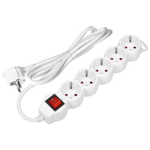Przedłużacz 5-krotny 2P+Z (Schuko), z wyłącznikiem, 5m H05VV-F 3x1,5mm2, Imax=16A, płaska wtyczka, biały ES-7(GS)/W/5 Virone