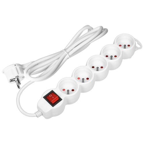 Przedłużacz 5-krotny 2P+Z z wyłącznikiem, 1,5m H05VV-F 3x1,5mm2, Imax=16A, płaska wtyczka, biały ES-7/W/1,5 Virone