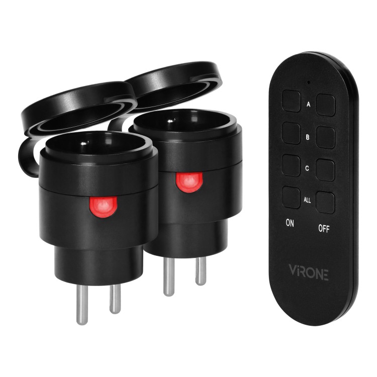 Zestaw bezprzewodowych gniazd MINI, sterowanych pilotem 2+1, 2300W, IP44 RS-7 Virone