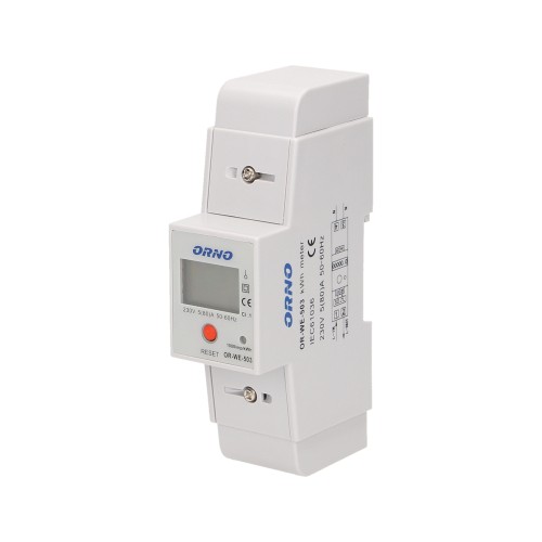 1-fazowy wskaźnik zużycia energii elektrycznej, 80A, dodatkowy wskaźnik, wyjście impulsowe, przycisk RESET, 2 moduły, DIN TH-35mm OR-WE-503 ORNO