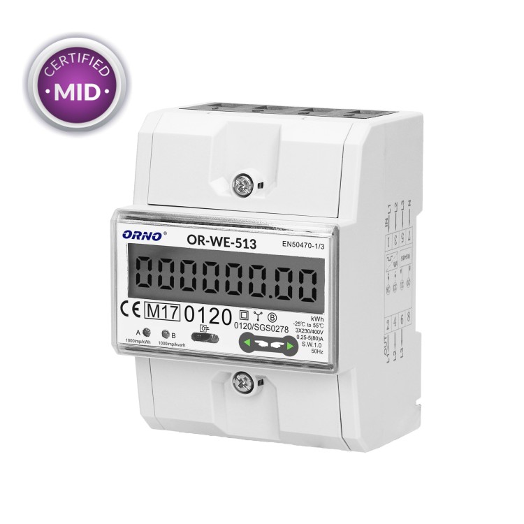 3-fazowy licznik energii elektrycznej, 80A, MID, 3 moduły, DIN TH-35mm OR-WE-513 ORNO