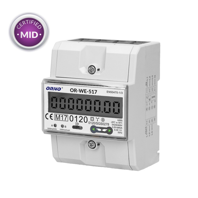 3-fazowy licznik energii elektrycznej, 80A, port RS-485, wielotaryfowy, 3 moduły, DIN TH-35mm OR-WE-517 ORNO