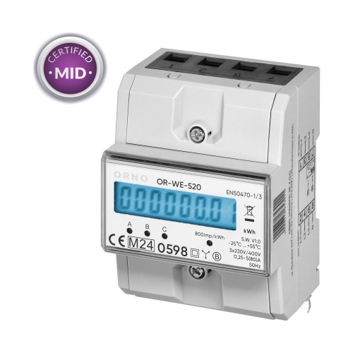 3-fazowy licznik energii elektrycznej, 80A, MID, 3 moduły, DIN TH-35mm OR-WE-520 ORNO
