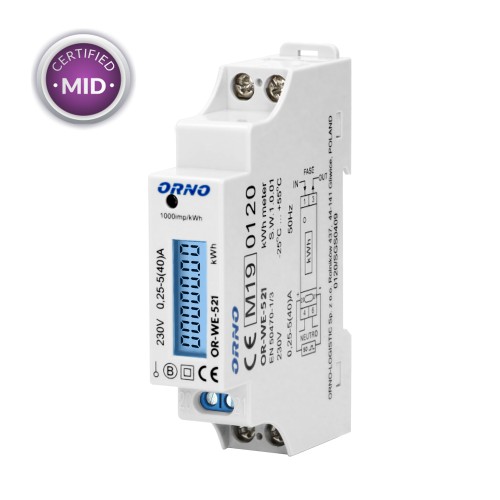 1-fazowy licznik energii elektrycznej, 40A, MID, wyjście impulsowe, podświetlenie, 1 moduł, DIN TH-35mm OR-WE-521 ORNO