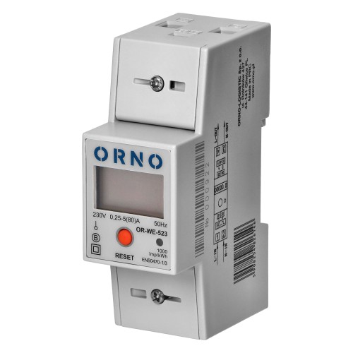 1-fazowy wskaźnik zużycia energii elektrycznej, 80A, MID, dodatkowy wskaźnik, wyjście impulsowe, przycisk RESET, 2 moduły, DIN TH-35mm OR-WE-523 ORNO