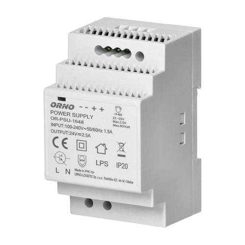 Zasilacz na szynę DIN 24VDC, 2,5A, 60W, szerokość 3 moduły OR-PSU-1648 ORNO