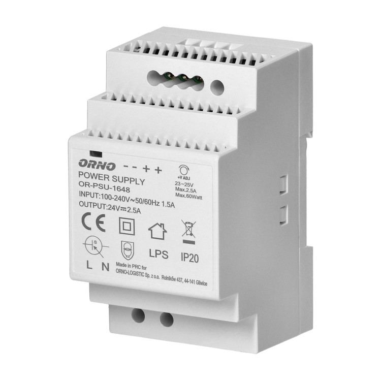 Zasilacz na szynę DIN 24VDC, 2,5A, 60W, szerokość 3 moduły OR-PSU-1648 ORNO