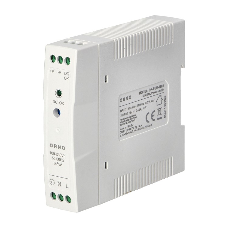 Zasilacz przemysłowy na szynę DIN, 24VDC 0,42A 10W, obudowa z tworzywa sztucznego OR-PSU-1660 ORNO