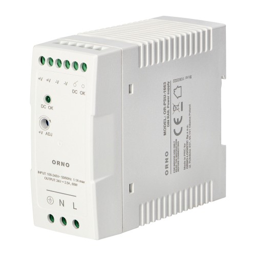 Zasilacz przemysłowy na szynę DIN, 24VDC 2,5A 60W, obudowa z tworzywa sztucznego OR-PSU-1663 ORNO