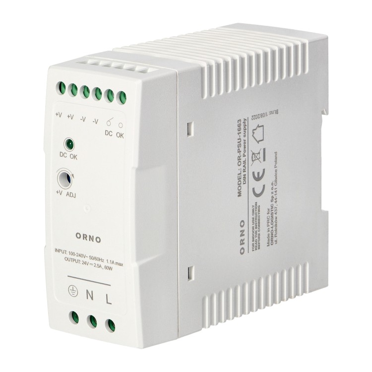 Zasilacz przemysłowy na szynę DIN, 24VDC 2,5A 60W, obudowa z tworzywa sztucznego OR-PSU-1663 ORNO