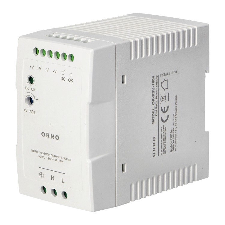 Zasilacz przemysłowy na szynę DIN, 24VDC 4A 96W, obudowa z tworzywa sztucznego OR-PSU-1664 ORNO