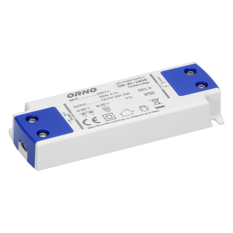 Zasilacz płaski do LED 12VDC 15W, IP20 , wysokość 16,5mm OR-ZL-1650 ORNO