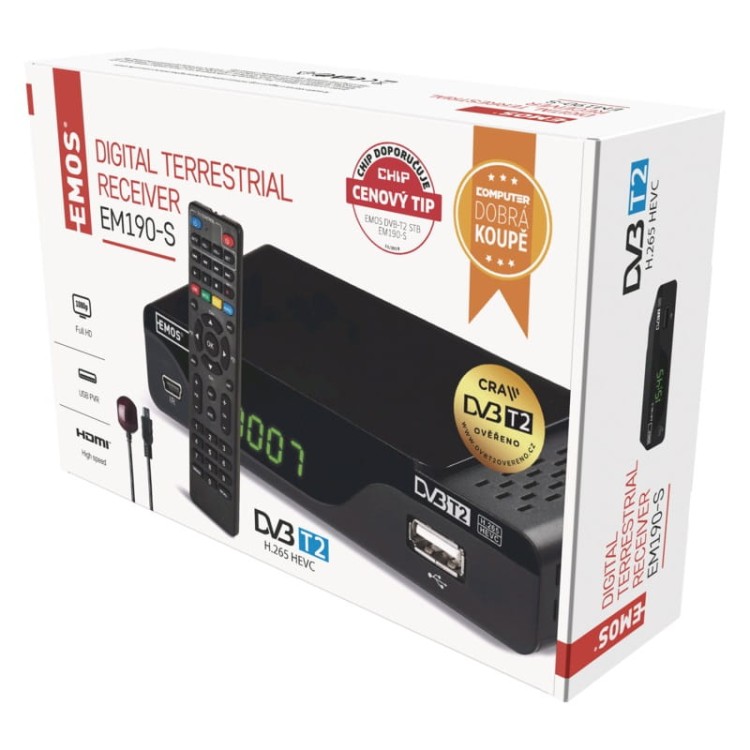 Dekoder Tuner DVB-T2 EM190-S HD J6014 Emos odbiornik do telewizji cyfrowej naziemnej DVB-T HEVC MPEG2 MPEG4 H.264 H.265