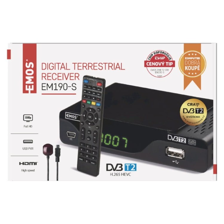 Dekoder Tuner DVB-T2 EM190-S HD J6014 Emos odbiornik do telewizji cyfrowej naziemnej DVB-T HEVC MPEG2 MPEG4 H.264 H.265