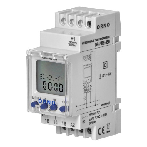 Elektroniczny programator astronomiczny i czasowy, 52 programów, 3 języki menu, 1 wyjśćie przekaźnikowe 16A/230V, przerwa nocna, szerokość 2 moduły, DIN TH-35mm OR-PRE-450 ORNO