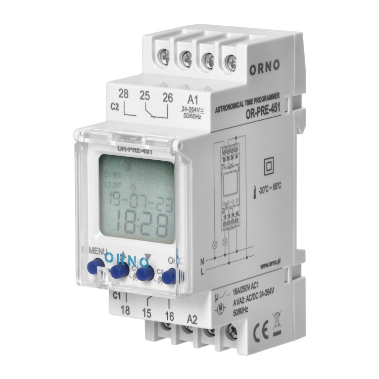 Elektroniczny programator astronomiczny i czasowy, 100 programów, 3 języki menu, 2 wyjśćia przekaźnikowe 16A/230V, przerwa nocna, szerokość 2 moduły, DIN TH-35mm OR-PRE-451 ORNO