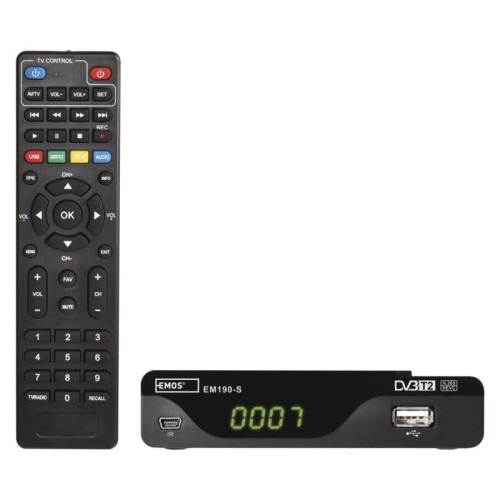 Dekoder Tuner DVB-T2 EM190-S HD J6014 Emos odbiornik do telewizji cyfrowej naziemnej DVB-T HEVC MPEG2 MPEG4 H.264 H.265