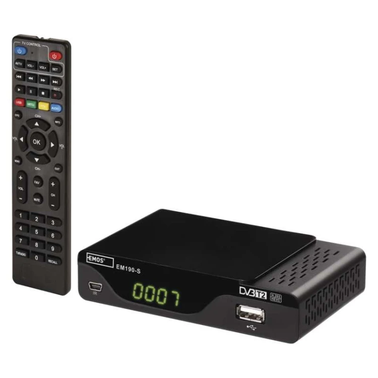 Dekoder Tuner DVB-T2 EM190-S HD J6014 Emos odbiornik do telewizji cyfrowej naziemnej DVB-T HEVC MPEG2 MPEG4 H.264 H.265