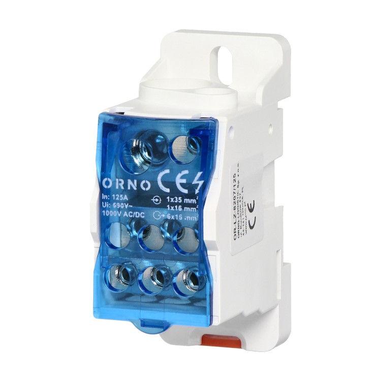 Blok rozdzielczy 125A, zaciski wejściowe 1x16 i 1x35mm2, zaciski wyjściowe 6x16mm2,wygodne mocowanie na szynie DIN OR-LZ-8207/125 ORNO