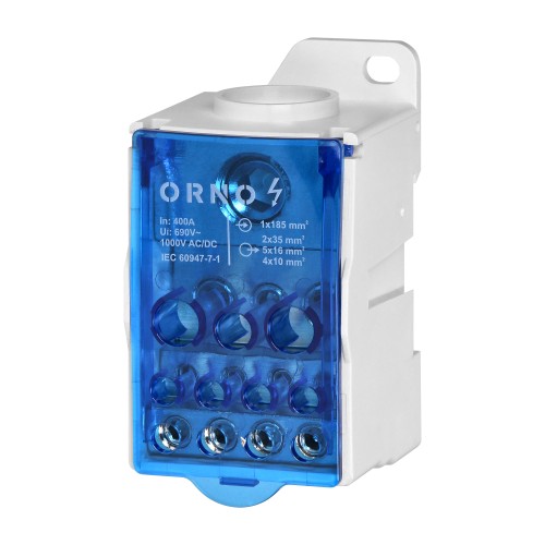 Blok rozdzielczy 400A, zacisk wejściowy 1x185mm2, zaciski wyjściowe 4x10 i 5x16 i 2x35mm2, wygodne mocowanie na szynie DIN OR-LZ-8207/400 ORNO
