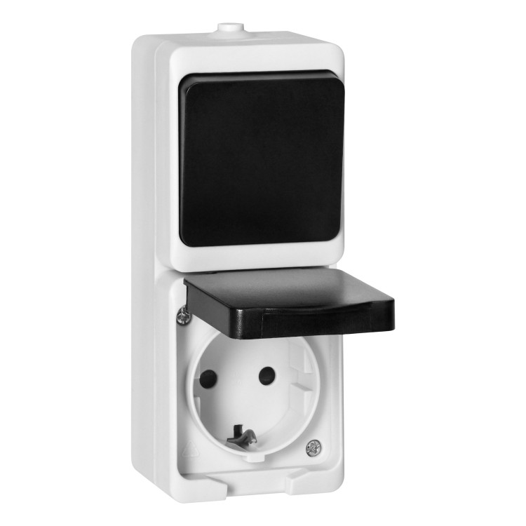 Łącznik jednobiegunowy + Gniazdo 2P+Z Schuko AQUATIC MINI IP54, 10/16A, 230V AC, biało-czarne OR-OE-7307(GS)/WB ORNO