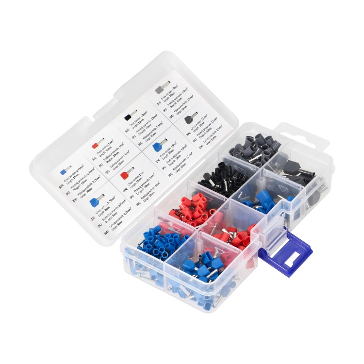 Zestaw końcówek kablowych, tulejki 350 szt. Pojedyncze: 80x0,75mm2,10mm; 70x1mm2,10mm; 60x1,5mm2, 10mm, 50x2,5mm2,10mm Podwójne: 30x0,75mm2, 8mm; 25x1mm2, 10mm; 20x1,5mm2, 10mm; 15x2,5mm2, 10mm OR-KK-8111 ORNO