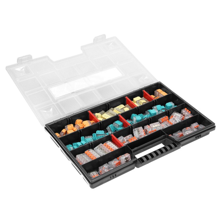 Zestaw złączek instalacyjnych HOUSE PREMIUM, 151 sztuk. Wciskane: 25x 2-przew. 25x 3-przew. 20x 4-przew. 15x 5-przew. 10x 6-przew. 8x 8-przew. Zaciskowe: 20x 2-przew. 20x 3-przew. 8x 5-przew. OR-SZ-8008 ORNO