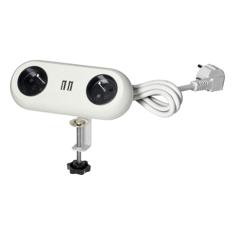 Gniazdo meblowe z uchwytem montażowym, ładowarką USB, 2 gniazda 2P+Z, 2xUSB (typ A, 2,4A), przewód 3x1,0mm2 - 1,4m, białe OR-AE-13197/W ORNO