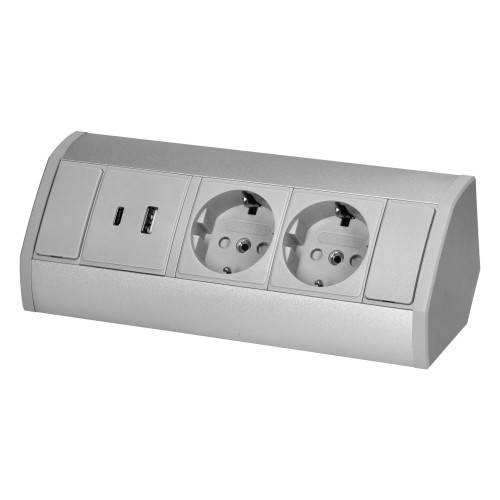 Gniazdo meblowe 2x2P+Z (Schuko), 2xUSB (typ A+C; 2,4A), szaro-srebrne OR-GM-9039(GS)/G ORNO