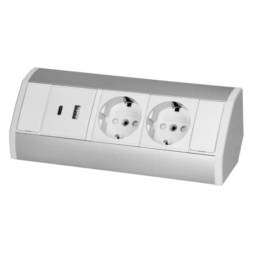 Gniazdo meblowe 2x2P+Z (Schuko), 2xUSB (typ A+C; 2,4A), biało-srebrne OR-GM-9039(GS)/W-G ORNO